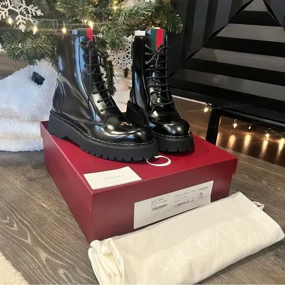 🖤NEW🖤 Gucci Black Leather Combat Lace Up Web Women’s Boots EU 41 - Picture 11 of 13